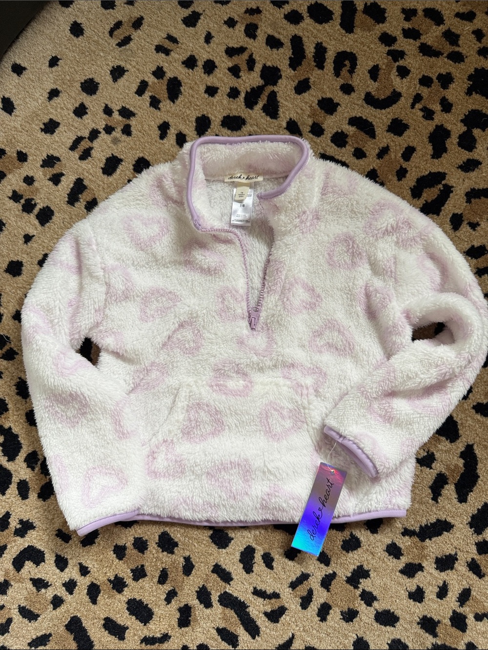 Derek Heart White Plush Half-Zip Pullover with Lavender Hearts